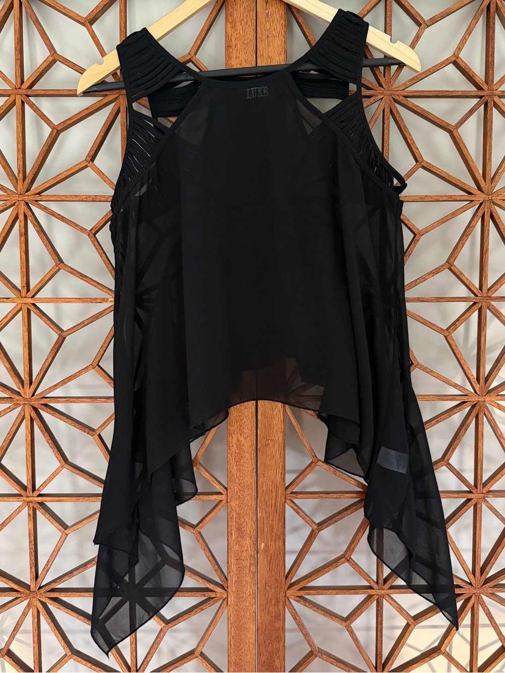 LUXE Silk Asymmetrical Sleeveless Tank Top Black Small EUC Sheer Strappy Goth